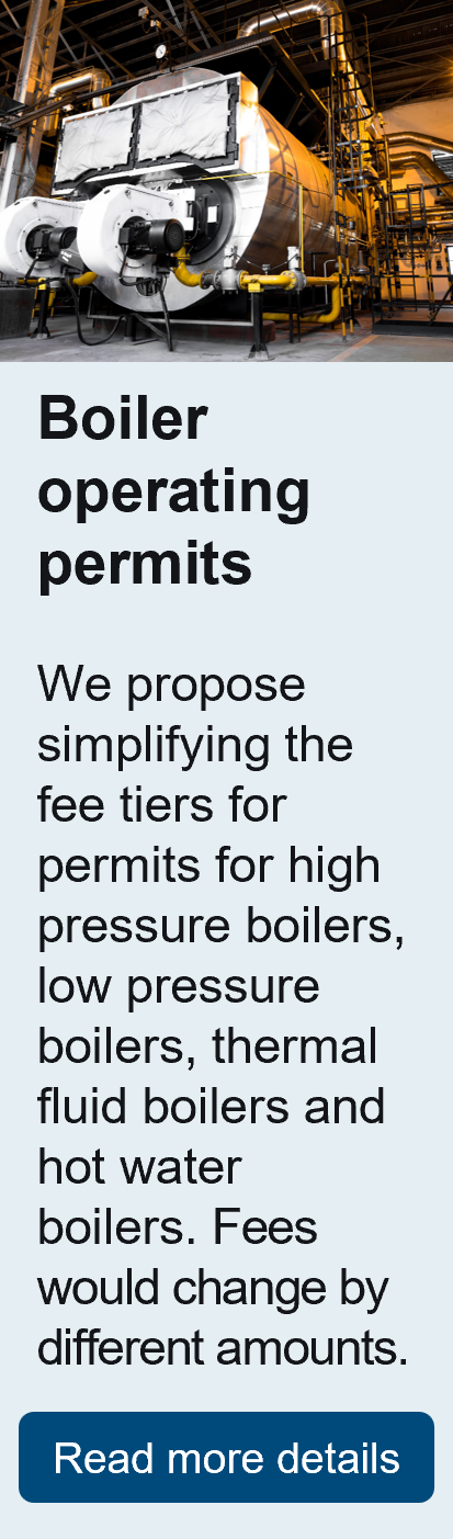Boiler operating permits. We propose simplifying the fee tiers for permits for high pressure boilers, low pressure boilers, thermal fluid boilers and hot water boilers. Fees would change by different amounts.